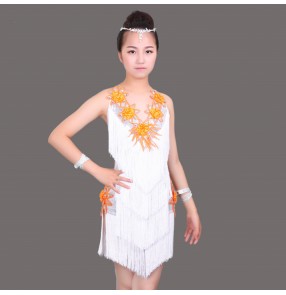 White and yellow patchwork Sequins fringes tassels girls kids children stage performance competition school play latin dance dresses outfits